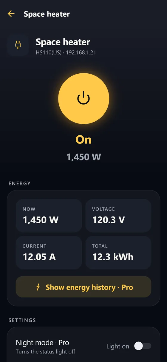 A space heater: a big round power button that reads On, 1,450 W, and its energy readings: power, voltage, current and total.