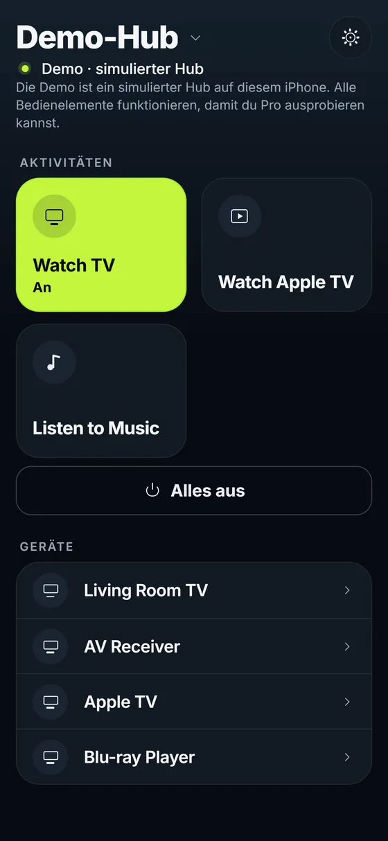 Remoteline Start: Aktivitäten als Karten, die laufende ist hervorgehoben, darunter Alles aus.