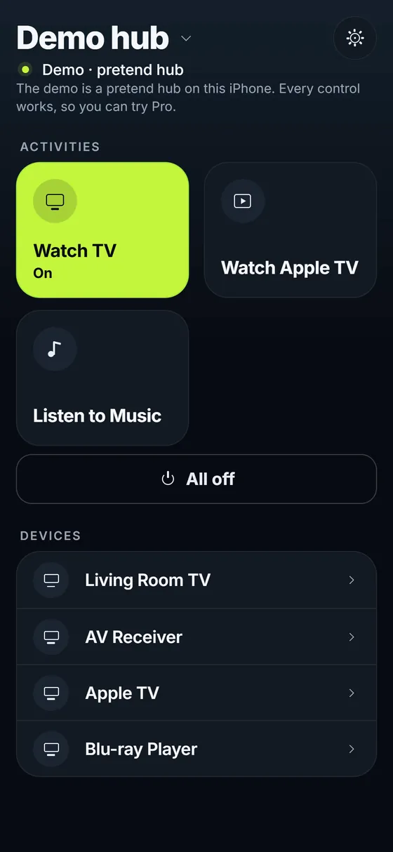 Remoteline home: activity cards for Watch TV, Watch Apple TV and Listen to Music; Watch TV is on and lit, with an All off button below.