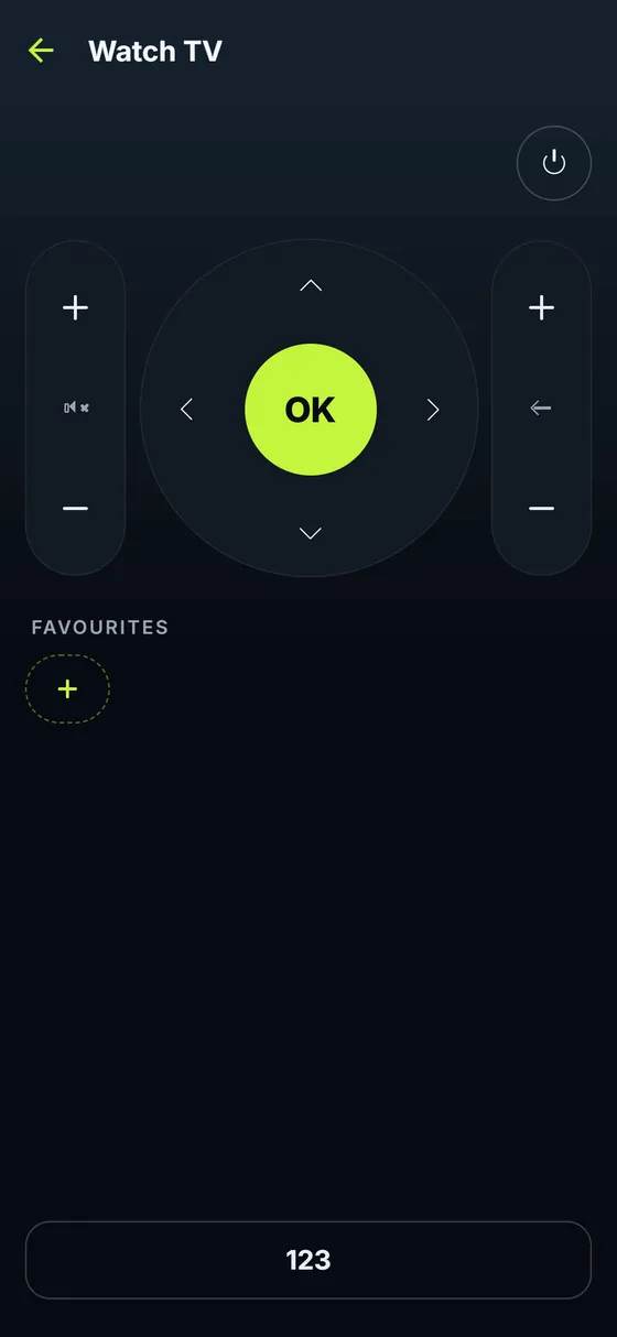 The remote for Watch TV: a large round D-pad with OK in the middle, volume and channel rockers at the sides.