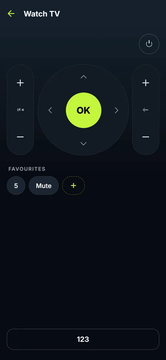 Favourite buttons under the D-pad, such as channel 5 and Mute.