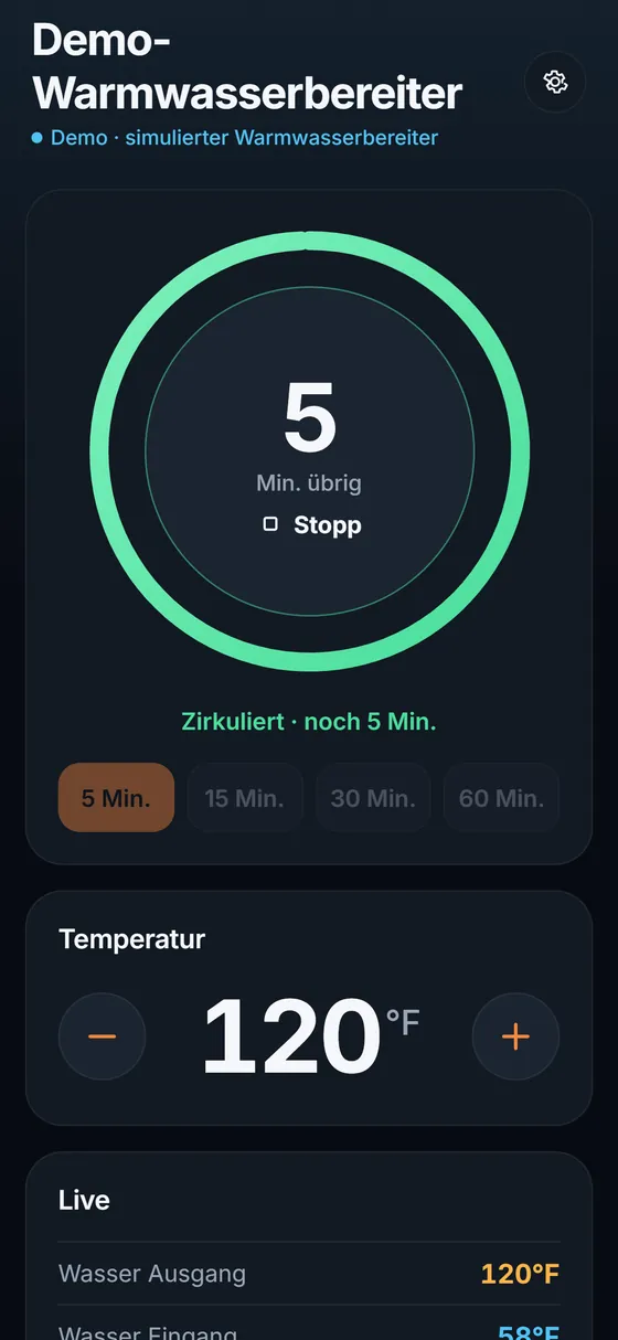 Zirkulation läuft: ein grüner Ring zählt die verbleibenden 5 Minuten herunter, in der Mitte steht Stopp.