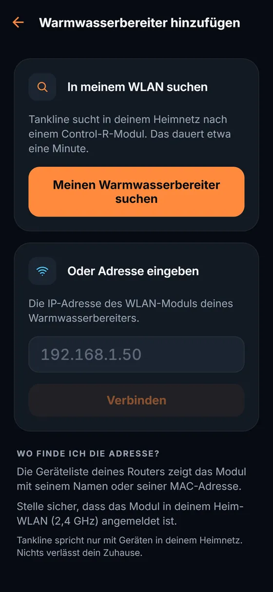 Warmwasserbereiter hinzufügen: das Control-R-Modul im WLAN suchen lassen oder die Adresse eingeben.
