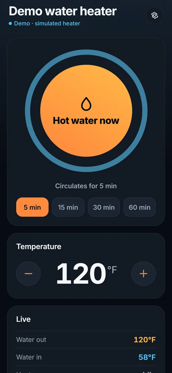 Tankline home screen: the Hot water now button, circulation times of 5, 15, 30 and 60 minutes, the temperature setting at 120°F and the live water-out and water-in readings.