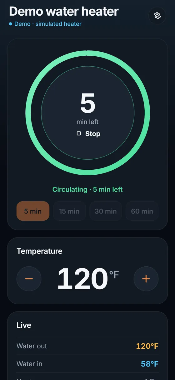 Recirculation running: a green ring counting down the 5 minutes left, with a Stop button in the middle.