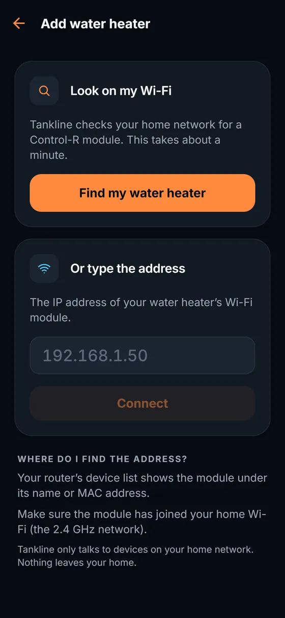 Add water heater: let the app look for the Control-R module on your Wi-Fi, or type its address.