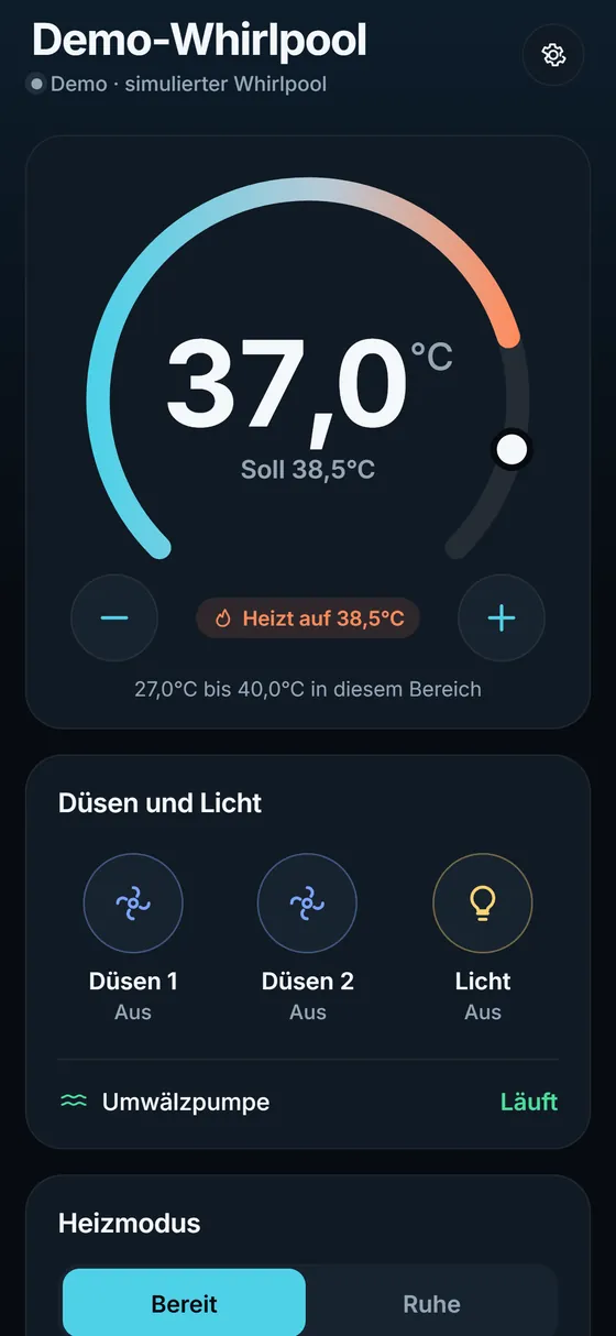 Tubline Whirlpool-Ansicht: Wasser 37,0 °C, heizt auf 38,5 °C, mit − und + zum Ändern der Solltemperatur.