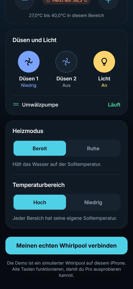 Düsen und Licht: Düsen 1 auf niedrig, Licht an, Umwälzpumpe läuft; darunter Heizmodus und Temperaturbereich.
