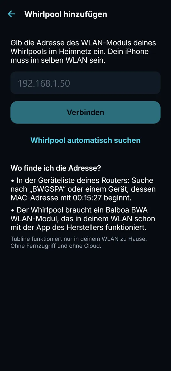 Whirlpool hinzufügen: Adresse des Moduls eingeben oder den Whirlpool im WLAN suchen lassen.