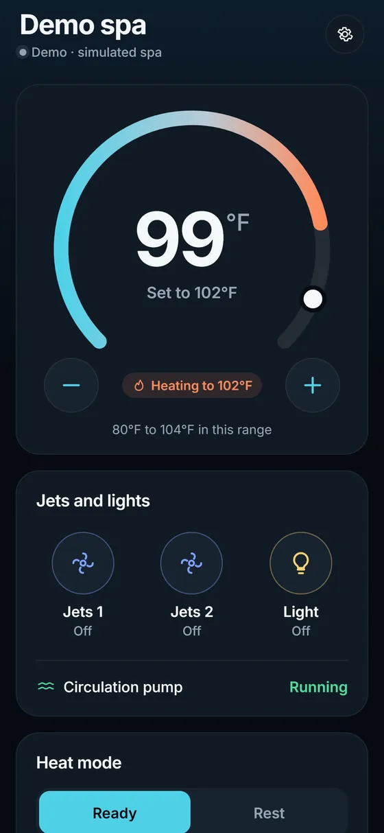 Tubline spa screen: water at 99°F, heating to 102°F, with − and + to change the set temperature.