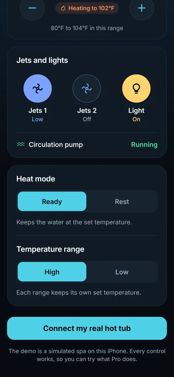 Jets and lights: jets 1 on low, the light on, the circulation pump running; heat mode and temperature range below.