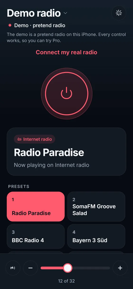 Tunerline home: a big power button, the station playing now on Internet radio, the presets and the volume bar.