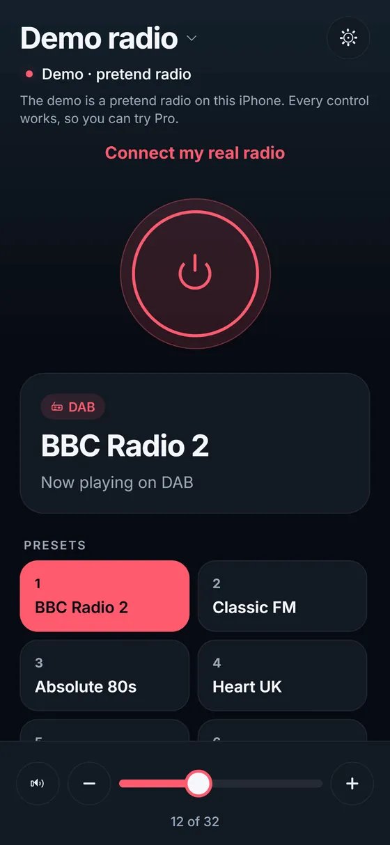 The radio on DAB playing BBC Radio 2, with its DAB presets.