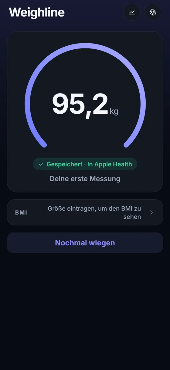 Weighline Wiegen: 95,2 kg in einem fliederfarbenen Bogen, darunter ein grünes Zeichen: Gespeichert · In Apple Health.